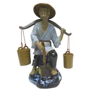 Vintage Signed Chinese Fisherman Figurine 12.5" High